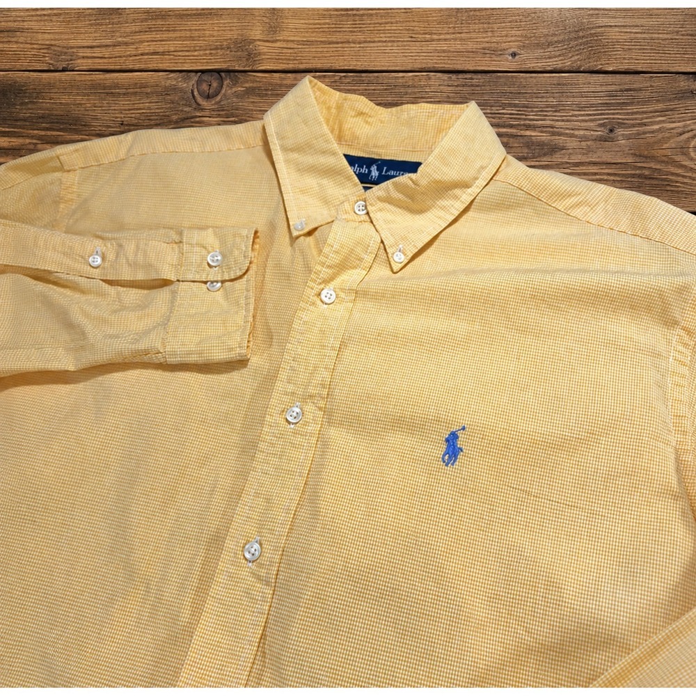 Vtg Ralph Lauren Yarmouth Shirt‎ Men 16.5 Yellow Gingham Check Long Sleeve Pony